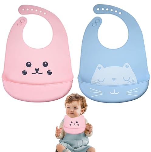 2 baberos de silicona, baberos para comer, baberos para bebé con recogedor, sin BPA, lavables, impermeables para bebés y niños pequeños