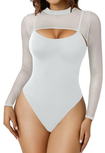 Avidlove Women's Mock Turtle Neck Plus Size Long Sleeve Bodysuit Sheer Leotard Shirt Sexy Thong Bodysuit with Snap Crotch White XXL