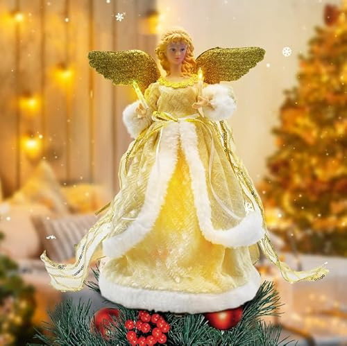 Christmas Angel Treetop Figurine, 12.6 Inch LED Colored Lights Christmas Tree Topper, Angel Tree Topper Lighted for Decorations, Party Favors (Golden Angel)