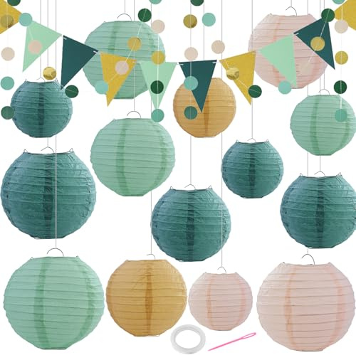 16 stycken papperslykta grön lampa, rund papperslykta, hängande lampa för bröllopsdekoration, födelsedagsfest, trädgårdsfest dekoration.