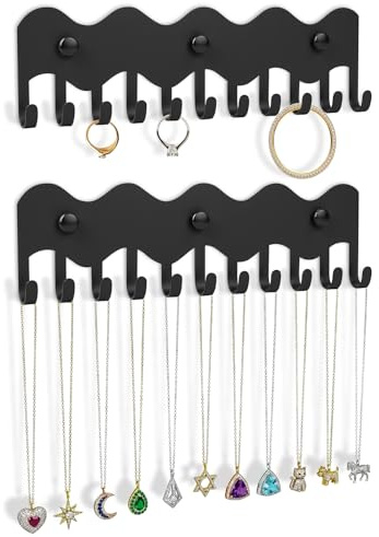 Wall Mounted Necklace Holder, Necklace Hanger Organizer Holder, Hanging Jewellery Hooks, Metal Jewelry Organiser Hooks for Rings Bracelet Jewellery Hanger Storage Wall Display Rack(Black)