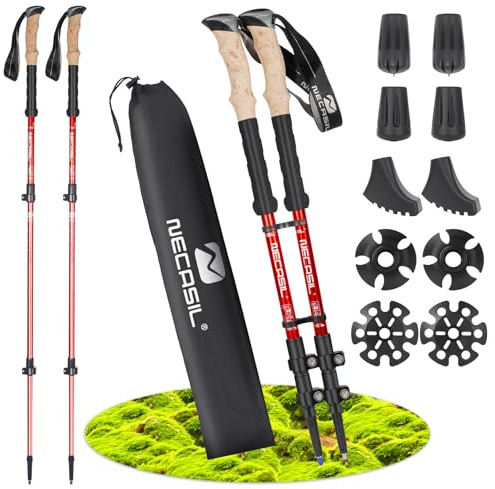 SWOURT Nordic Walking Bastoni telescopici in alluminio, regolabili e pieghevoli, bastoncini da trekking ultraleggeri per uomo e donna con manico in sughero e molti accessori, lunghezza 62-135 cm