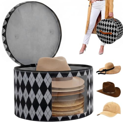 Hat Box with Lid, 43x43x26cm Large Round Felt Hat Storage Box (Black gray) | with Clear Window and Handles, Foldable Travel Organiser for Cowboy Hats Sun Hats Fascinators, Wardrobe Storage