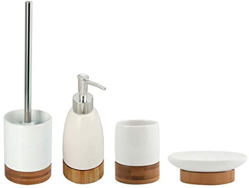 MSV - Set da bagno composto da 4 accessori da bagno in ceramica e bambù Tallinn, dispenser per sapone, spazzola per WC, portasapone e bicchiere porta spazzolini, colore: Bianco