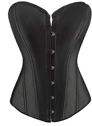 RHISLEO Women Satin Plain Pure Black Bustier Top Burlesque Basque Shaper Boned Corset (Black, 8)