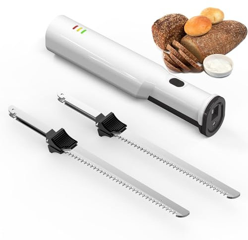 Cuchillo de pan inalámbrico profesional, con 2 cuchillos eléctricos recargables dentados de 8 pulgadas, cuchillas de acero inoxidable y gatillo de bloqueo de seguridad, para tallar carnes, aves