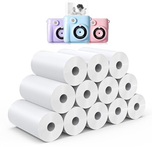 12 Rollen Thermopapier Kinderkamera - Hikkon Druckpapier für Kinder Druck Kamera,56 mm Sofortbildkamera Kinder Druckpapier Null Tinten Nachfüllpapier(Weiß-12)
