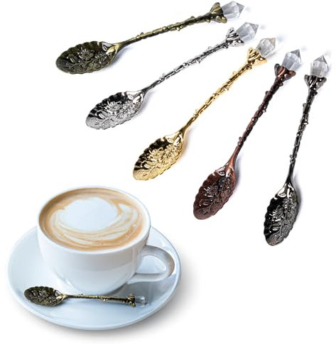 MEGAVOW 5 Pcs Retro Coffee Spoons Vintage Crystal Alloy Decorative Dessert Tea Spoons for Cafe Tableware, Ice Cream, Sugar, Espresso, Latte