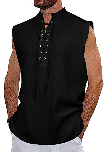 NANAMEEI Chemise Medievale Homme sans Manches en Lin et Coton Costume Pirate Vintage Col Mao Tunique Lacet Viking