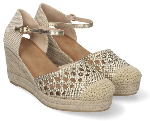 shoes&blues.es 84222 Sandalia de Cuna para Mujer, Comodas y Elegantes, Forrada de Yute, con Pala Calada, y Cierre de Hebilla. Oro Talla 37