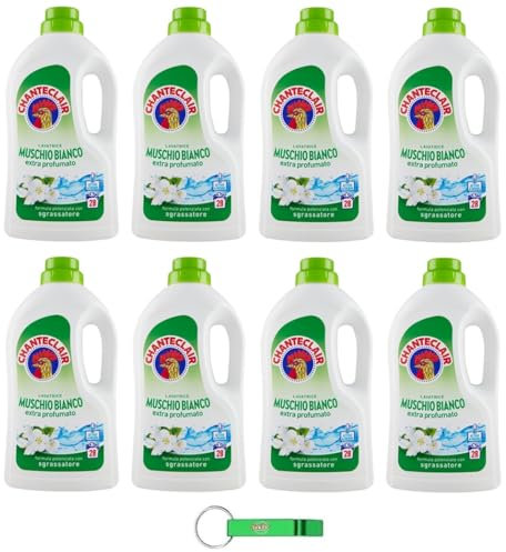 8 x Chanteclair Lavatrice Bianco Muschio Detersivo Liquido - Detersivo Liquido per lavatrice - Formula detergente con sgrassatore 28 lavaggi 1260 ml + portachiavi Beni Culinari