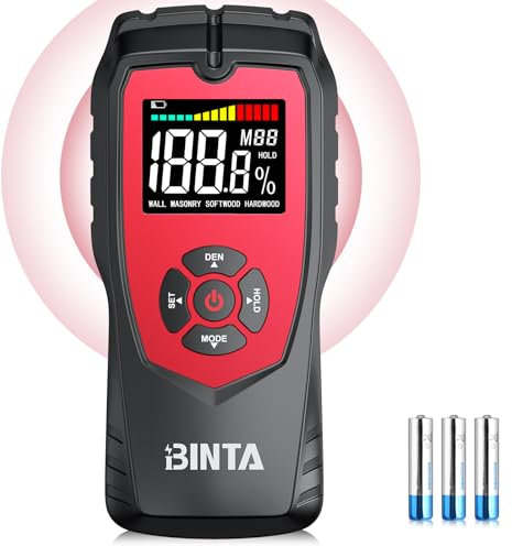 BINTA Pinless Moisture Meter Non-Destructive Wood Moisture Meter Detector with Large Batteries for Walls, Wood and Masonry, Woodworking with LCD Display Sound Alarm, 4 Modes Damp Meter for Firewood