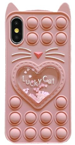 Asgens Fidget Pop Fodral för iPhone X/XS, Tecknad Lucky Rosa Katt Kvicksand Bling Stjärnor Tryck Bubbles Silikon Mjukt Telefonfodral för Apple iPhone X/XS 5.8 Tum