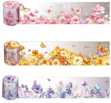 HNLMZ Washi Tape Set, 3 rullar klippbok klistermärken, blommor PET Washi tejp, PET transparent dekorativa klistermärken för klippböcker, dagböcker, anteckningsblock används och gör-det-själv-fotoalbum