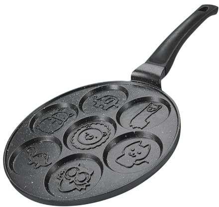 Herzberg, HGCP267ANL Pfannkuchenpfanne mit 7 Tiermotiven, ideal für gesundes Kochen, kratzfest, leicht zu reinigen, 26 cm, Schwarz