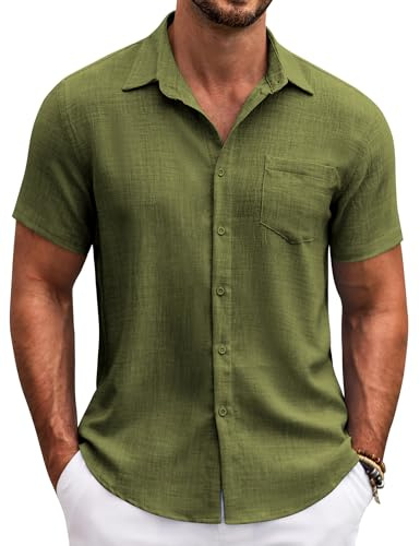 COOFANDY Camisa Manga Corta Hombre Ajuste Regular Verano Informal Lino con Bolsillos Pecho Verde Militar M