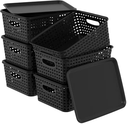 Qskely 6-Pack Plastic Storage Baskets with Lids, Stackable Lidded Storage Bin Box, Black