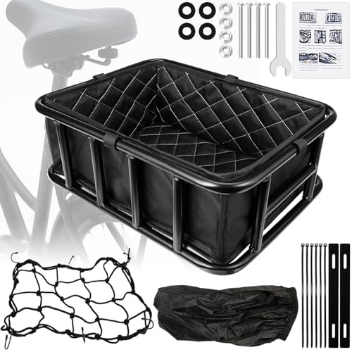 Bike Basket Rear, Bicycle Basket with Liner Bag, Waterproof Cover & Cargo Net, Heavy Duty Large Bike Basket for Most Bikes and E-Bike