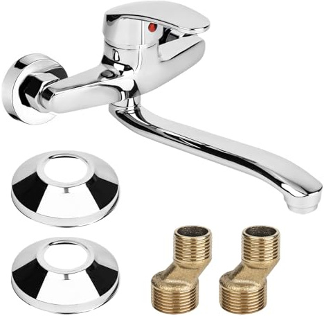 RUCUDIM Rubinetto girevole a 360°, rubinetto da cucina, miscelatore monocomando freddo e caldo, miscelatore da cucina, rubinetto da parete, rubinetto per lavabo da parete, braccio girevole da 18 cm