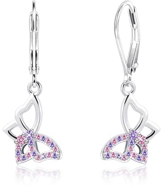 ASH'S CHOICE Boucles d'oreilles Colorées Fille Argent 925, Boucles d'oreilles Pendentif Zircons Papillon Légères Enfant, Multicolore Hypoallergéniques Cadeaux de Bijoux pour Femmes et Filles