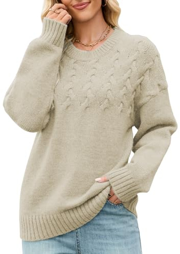 Quatrefox Thick Sweater Women Fall Winter Warm Jumpers Sweaters Long Sleeve Pullover Loose Chunky Knit Jumper Ladies Crew Neck Knitted Cable Tops Blouse Casual Knitwear (Apricot, XL)