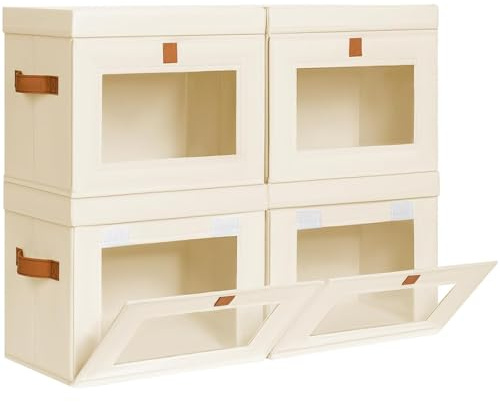 Homsorout Aufbewahrungsboxen mit Deckel - 4er Set Aufbewahrungskorb Stoff Faltbare Aufbewahrungsbox mit Transparentem Sichtfenster, 35 x 25 x 25 cm Faltbox für Kleidung, Würfelregal, Beige