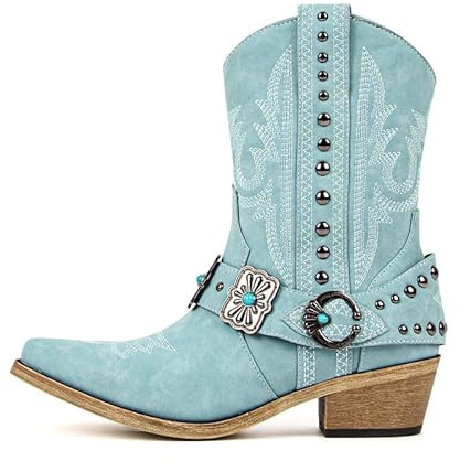 Only maker Cowgirl Western Boots for Women-Ankle High Embroidery Pointed Toe Cowboy Rodeo Country Concert Shoes Boot Turquoise US8