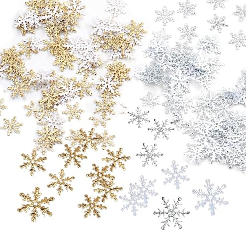 DeBizz 400 stycken snöflingor dekoration, snöflingor konfetti, jul vinter små dekorationer för vinter, bröllop, födelsedag, semester, festdekoration, nyår, bordstillbehör (guld + silver)