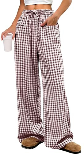 ANRABESS Womens Striped Gingham Pants 2026 Pajama Drawstring Wide Leg Lounge Plaid Pants Cute Casual Trousers with Pockets Brown White Plaid Large
