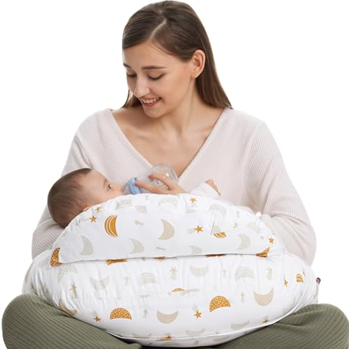 momcozy Grand coussin d'allaitement avec bordure de sécurité - Coussin d'allaitement et de positionnement ergonomique avec sangle réglable et housse en coton amovible - Étoiles et lune
