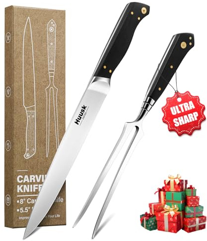 Huusk Turkey Carving Knife Set - Sharp Carving Fork & Knife for Meat, BBQ, Brisket - Japanese Slicing Knife with Elegant Box, Christmas Gifts for Men Women