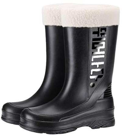 Womens Fleece Lined Wellies Womens Mid Length Wellies Warm Garden Boots Waterproof Walking Boots Non Slip Rain Booties Lightweight Durable Wellingtons with Insulated Input Performance Farm Boot Black