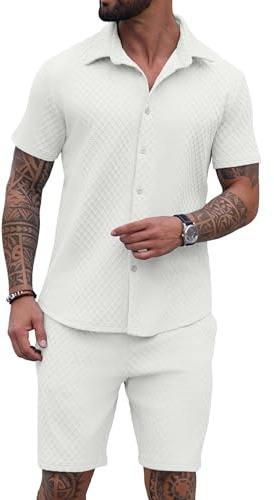 QIXING Survêtement d'été 2 pièces pour homme en tricot texturé avec chemise boutonnée et short - Ensemble décontracté pour les vacances à la plage