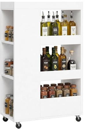 Relaxdays Estantería para nichos 85 x 18 x 60 cm, Blanco | estrecha para baño y cocina, 4 niveles, ruedas, efecto madera