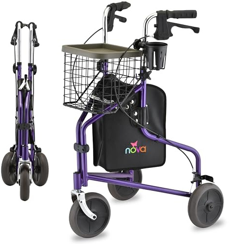 NOVA Traveler Folding 3-Wheel Walker with Tray, Basket, Pouch & Cup Holder, Lightweight Mobility Aid for Seniors & Adults, 8” All-Terrain Wheels for Tight Spaces & Travel, Purple