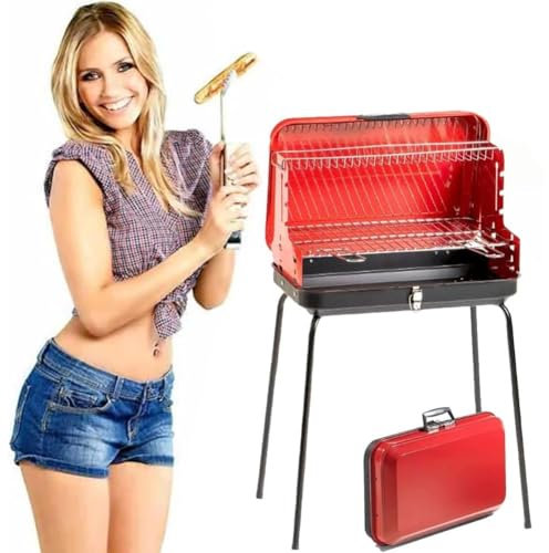 Bakaji Barbecue a Carbone Carbonella Richiudibile in Valigetta Altezza Griglia di Cottura in Acciaio e Regolabile Dimensioni 50x36x81cm Campeggio picnic (rosso)