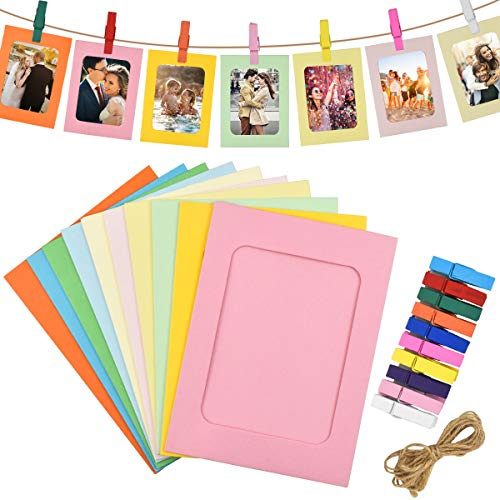 Fodlon 30 Pièces Coloré Kraft Cadres Photo en Papier avec 30 Pièces Clips en Bois et 3 Pièces Twines, 6x4 inch Cadres photo en Carton pour Maison École Bureau Murale Décoration