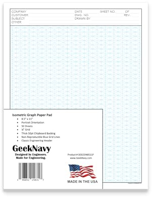 GeekNavy 8.5 x 11 Isometric Graph Paper 50 Sheets Portrait - 0.25 Grid, Non-photo Blue, High Brightness, Drafting, Engineering, Art, 3D Design (1-Pack)
