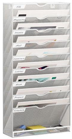 Senhoglb 10 Pockets Hanging File Organiser Wand Metall A4 Zeitschriftenhalter Dokumentenablage Hängeregister Zeitschriftenständer Flyerhalter Prospektspender mit 9 Fächern und 1 Tablett, Weiß