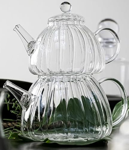 Teekanne Set - Transparentes Glas mit integriertem Filter, Cam Caydanlik, 800ml Oberkanne & 1000ml Unterkannen Kapazität, Leicht zu reinigen und Spülmaschinenfest