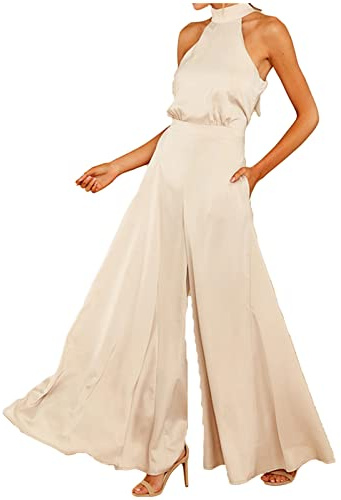 Tute Donna Eleganti Da Cerimonia Jumpsuit Tutina Lunghe a Gamba Larga Pantaloni Abito Lungo Elegante Senza Maniche Jumpsuit Estivo Tasche Capestro Per Matrimonio, Damigella D'onore, Feste, Pantaloni