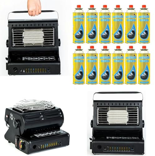 2 In 1 Camping Heater & Stove – Butane Gas Powered Portable Tent Cooker With Carry Handle, Safety Grill, Auto Ignition For Caravan, Fishing, Hiking & Outdoor (2 in 1 Camping Heater + 12 Butane Gas)