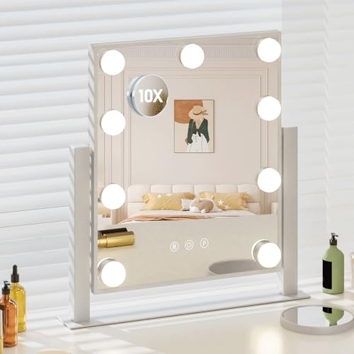 Hollywood sminkspegel med belysning, make-up spegel med 9 dimbara LED-lampor, 3 ljusfärger, Hollywood spegel med 10x förstoringsspegel, 360-graders vridning - vit