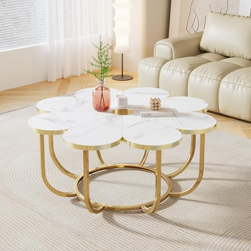 Tribesigns Table Basse Blanc et Or, 100 cm Table Basse Moderne en Forme de Fleur avec Plateau en Faux Marbre, Table Centrale d'appoint Florale avec Cadre en métal pour Salon, Chambre à Coucher
