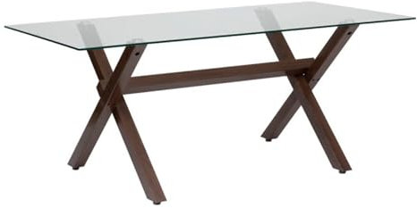 PEGANE Table de Repas, Table à Manger rectangulaire en Verre et Pieds en Acier Effet Noyer - Longueur 180 x Profondeur 90 x Hauteur 74,5 cm