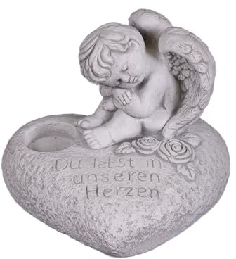 gartendekoparadies.de Steinfigur Herz mit Engel für Grab, Grabdekoration aus Weißbeton, 26 x 30 x 26 cm, 14 kg, Grau, frostsicher für Außenbereich