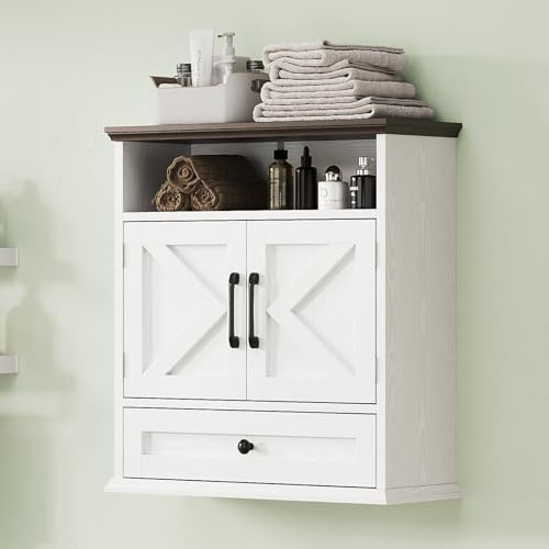 Bathroom Wall Cabinet, Wall Mounted Medicine Cabinet with Drawer, Barn Doors & Adjustable Shelf, 24.4H x 23.6W x 9D White Over Toilet Farmhouse Storage Cabinet for Kitchen, Laundry Room, Entryway