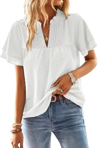 TUUHAW Chemisiers et Blouses Femme à Manches Courtes d'Été Col en V Tunique | Bohème Fluide Chemise, Élégant Lâche Plissé Blouse, Volants Décontracté T Shirt, Uni Hauts, Dentelle Blouse, d'Affaires Top