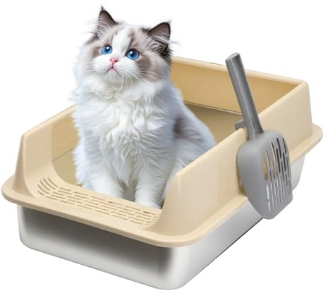 Caja de litro, arena de cara alta, caja de caja, bandeja grande de acero inoxidable con cuchara, suministros para mascotas para uso en interiores, control eficaz de olores, gatitos y gatos, hogar