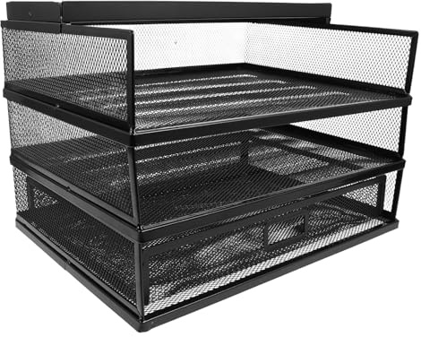 SHOWERORO Organiseur de Bureau Métallique Noir 3 Niveaux avec Tiroir et Corbeille Porte-Documents Multi-Usage pour Bureau Maison et Étude Étagère à Dossiers Robuste et Fonctionnelle